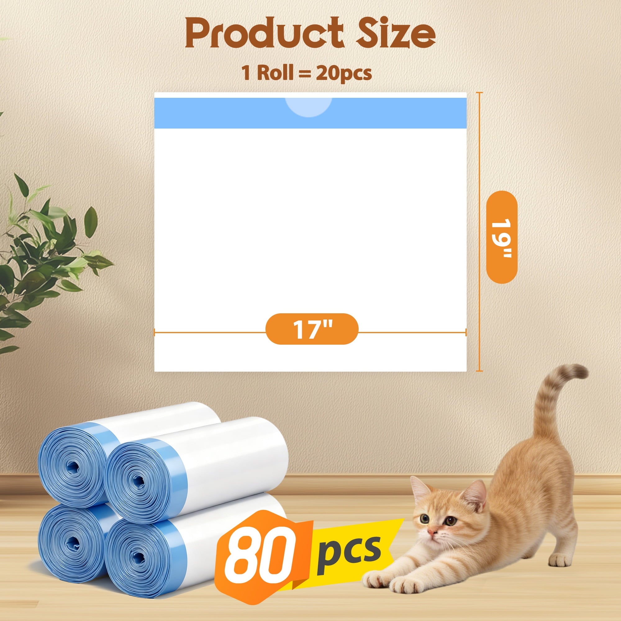 Campmoy 4 Rolls Thick Cat Litter Box Liners, 80 Count Drawstring Bags, Daily Use & Compatible with Automatic Self-Cleaning Litter Boxes, Replacement Cat Litter Box Liners, White