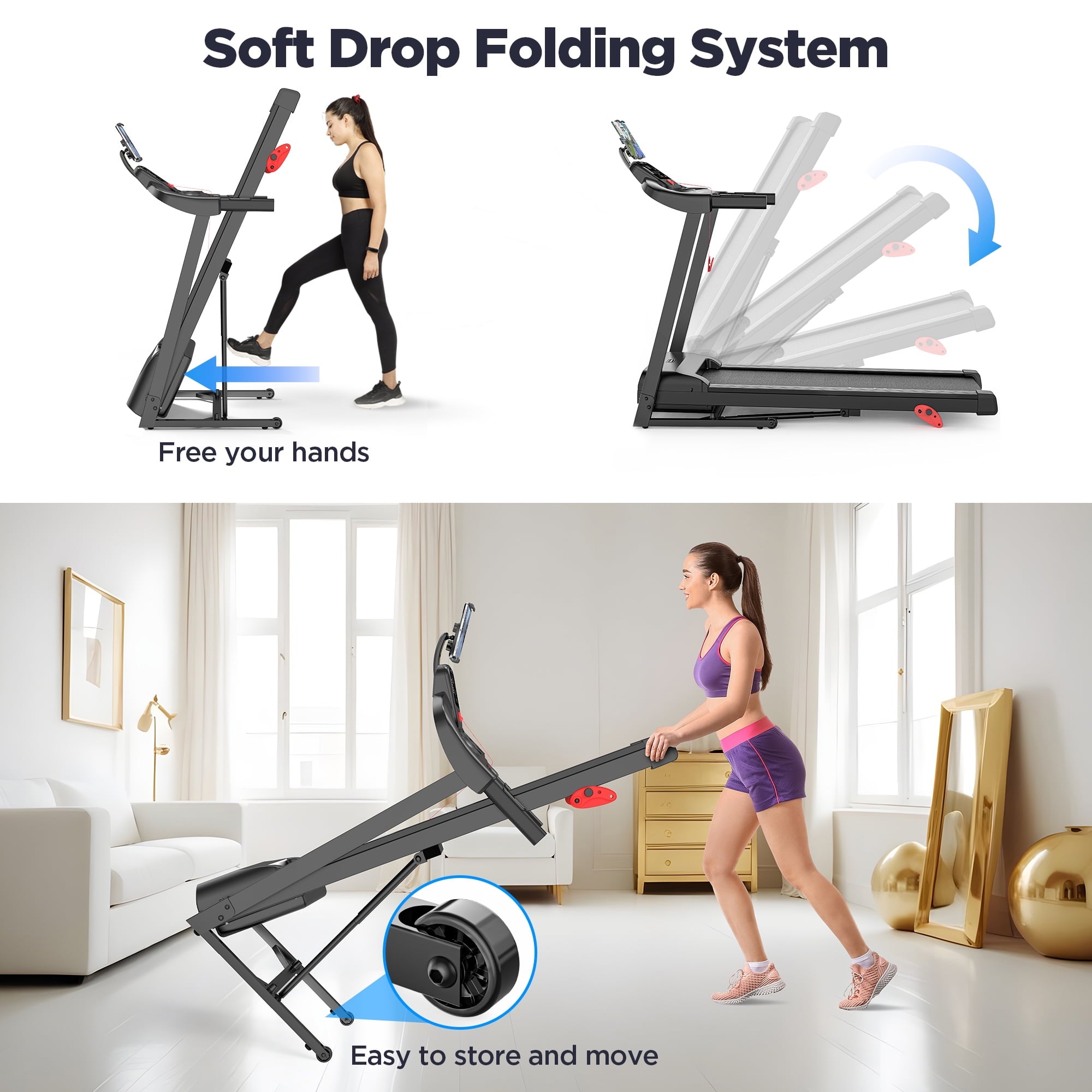Qvamodo 2.75HP Folding Treadmill w/ 300LBS Capacity, Incline Treadmill for Home Jogging Walking, 64+7 Program, Smart APP Track, Wide Shock Absorption, HiFi Bluetooth MP3 speakers, Portable Treadmill