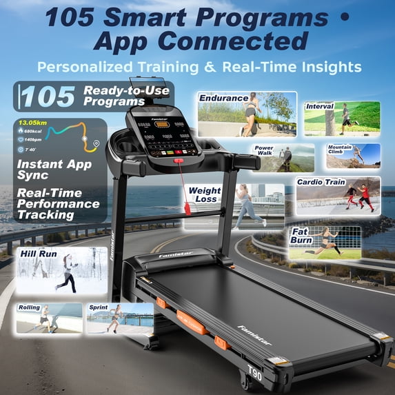 WNANEEZ Treadmill with Incline & Handle Bars | Compact Portable Walking Running & Treadmill for Home/Apartment | Wide Running Belt | Includes Workout Trainer Program with Bluetooth App