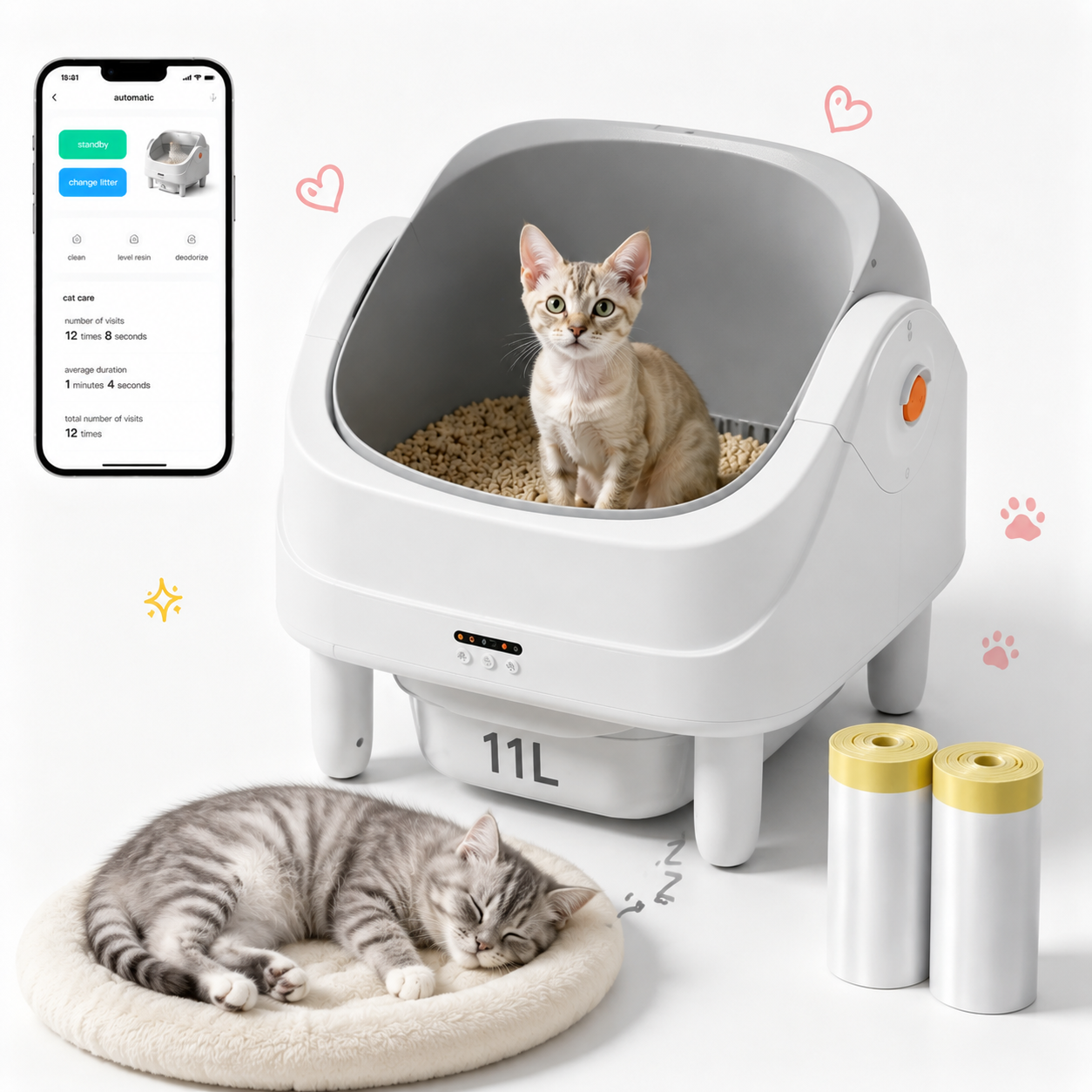 ZEJIXO Automatic Self Cleaning Litter Box, Open Top Cat Litter Box with App Control Smart Cat Litter Box for Multiple Cats, Safety Sensors, Triple Odor Control, 11L Waste Bin, Quiet Cleaning, Liners Gift