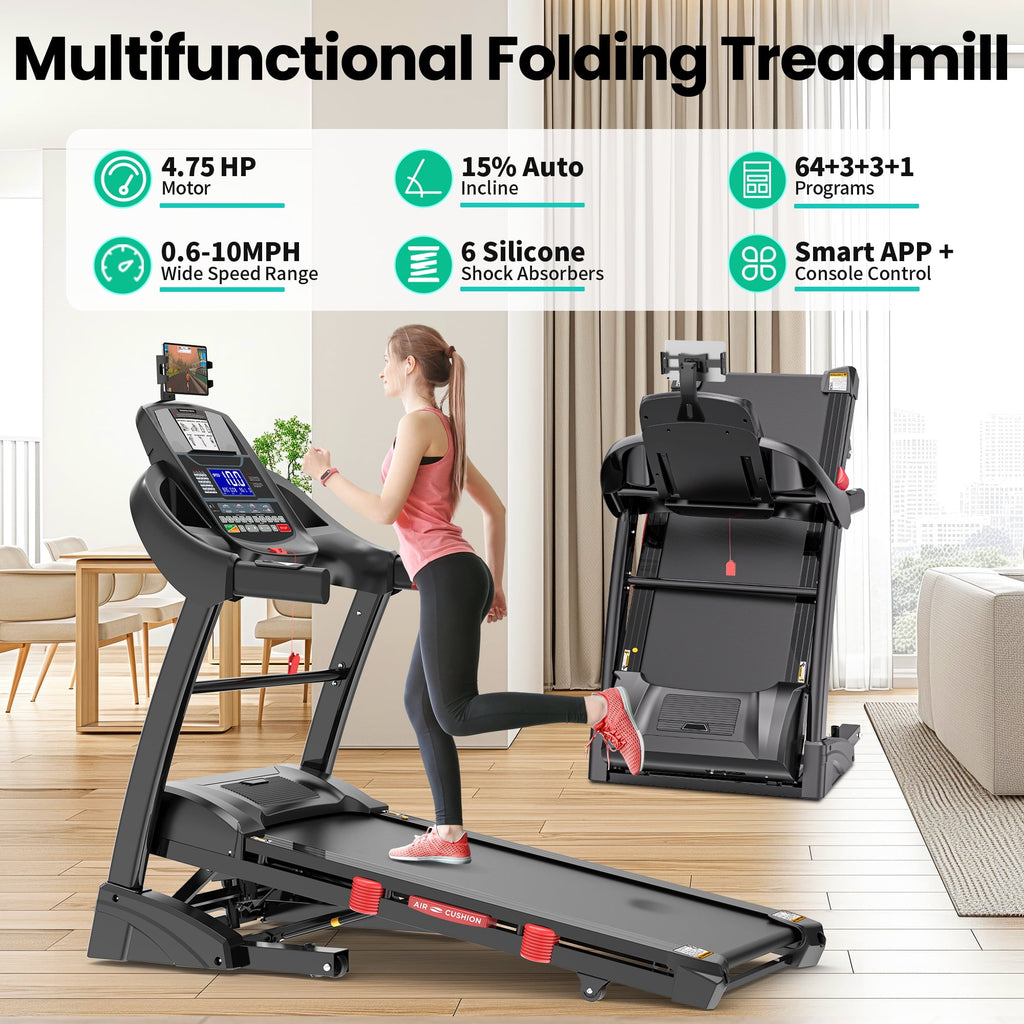 ODYAAZ 10MPH Folding Treadmill w/ 15% Auto Incline, 300lb Capacity, Treadmill for Home Portable Foldable Exercise Equipment Running Walking Machine, APP Control, 64 Programs, HiFi Bluetooth Speakers