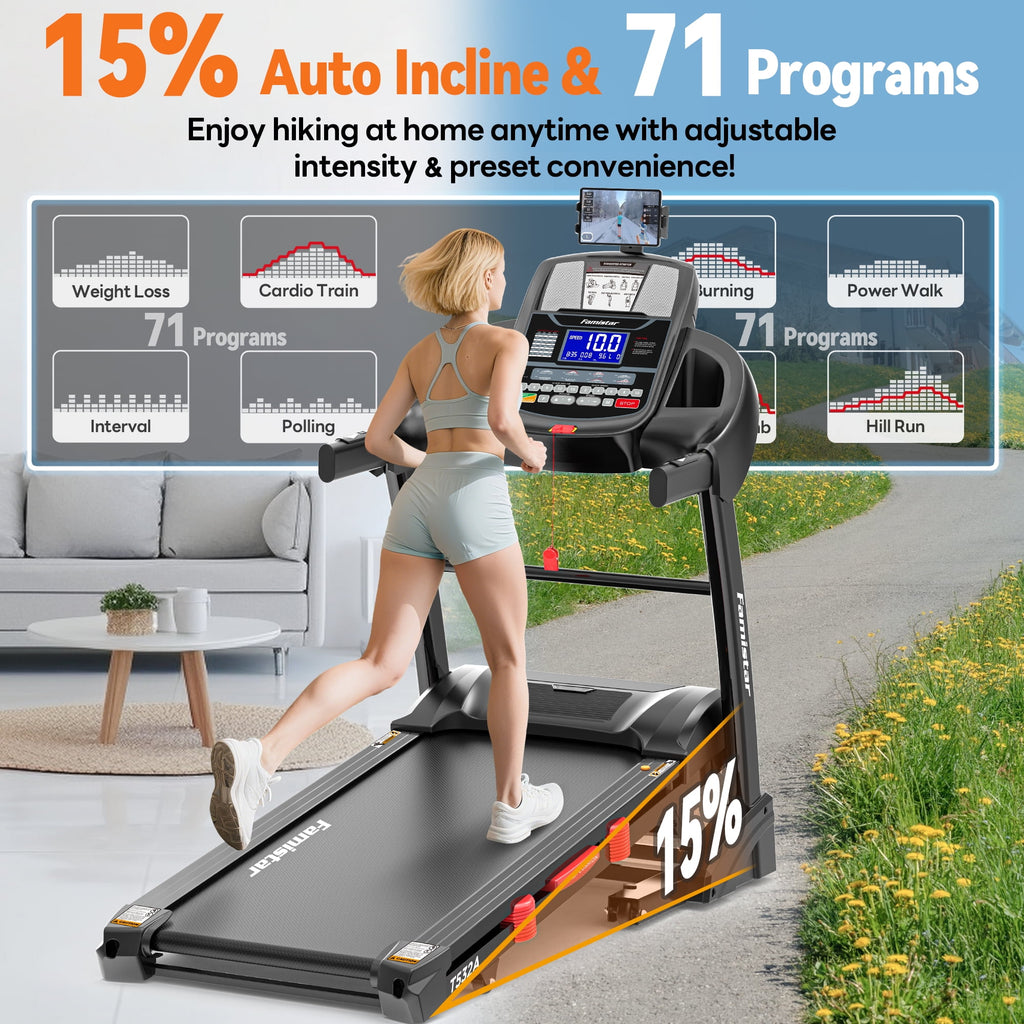 Famistar 5.1HP Folding Treadmill for Home with 15% Auto Incline, 300-400 LB Capacity, Portable Foldable Treadmill, FREE APP Control, Adjustable iPad Holder, 10MPH Speed, 71 Programs, Knee Strap Gift