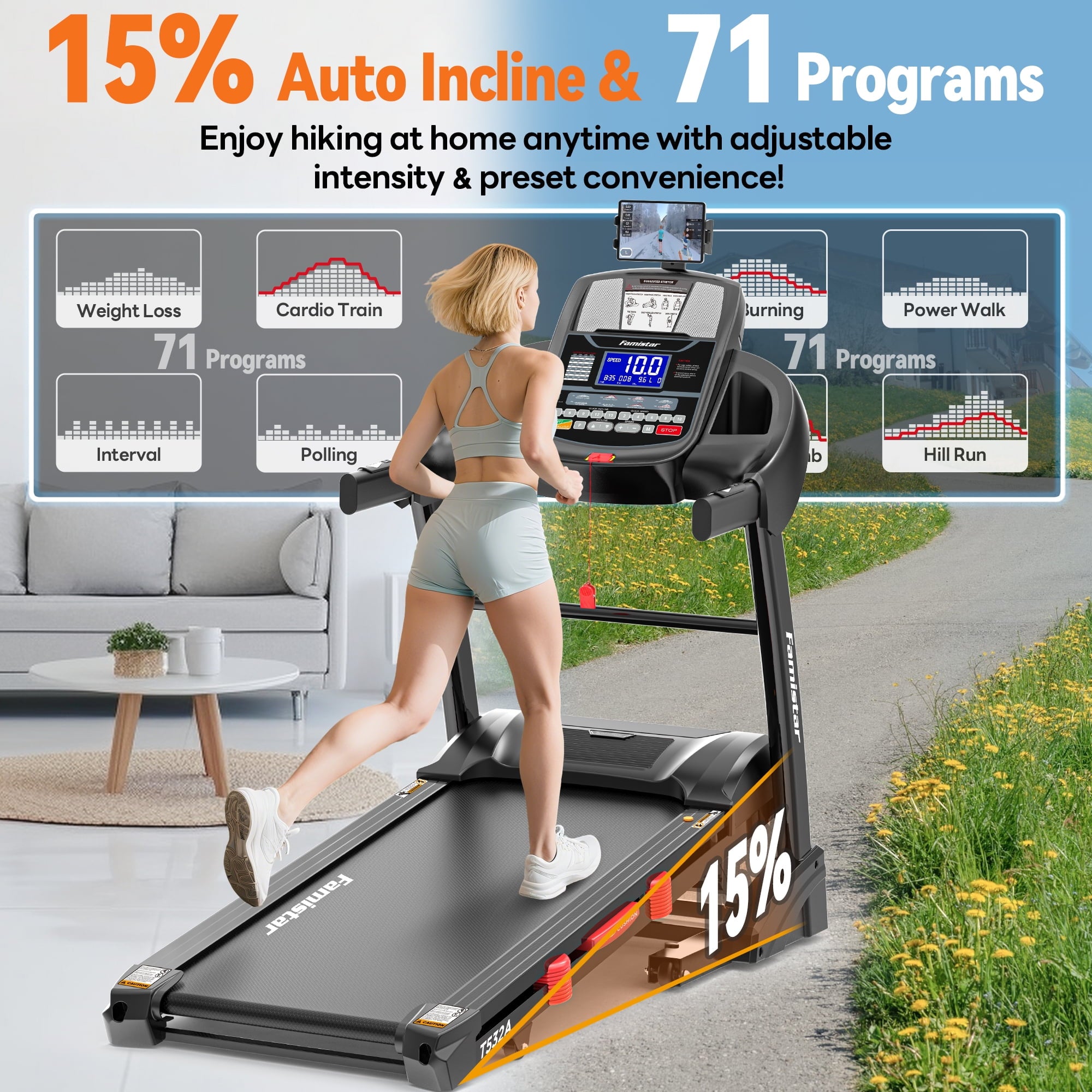 Famistar 5.1HP Folding Treadmill for Home with 15% Auto Incline, 300-400 LB Capacity, Portable Foldable Treadmill, FREE APP Control, Adjustable iPad Holder, 10MPH Speed, 71 Programs, Knee Strap Gift