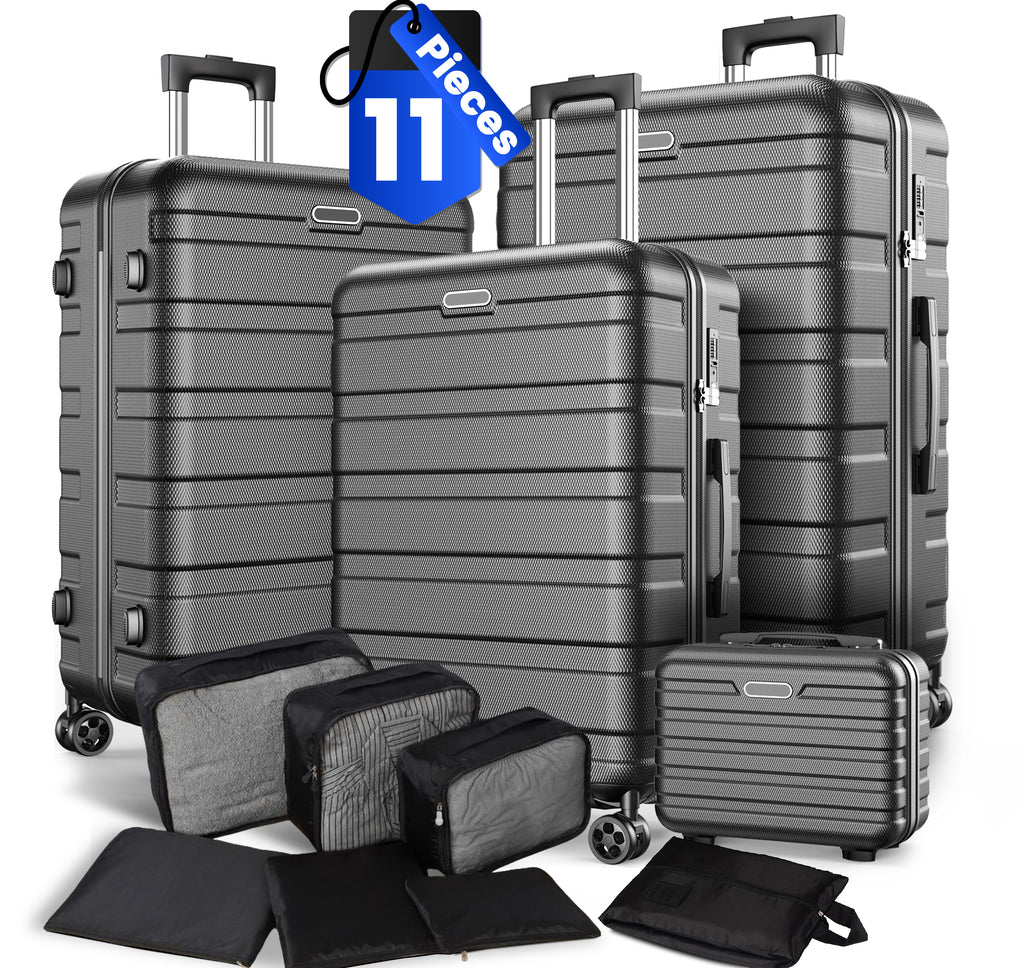 Luggage Sets 11 Piece (14/20/24/28)" Lightweight Hardside Spinner Checked Luggage Navy Blue