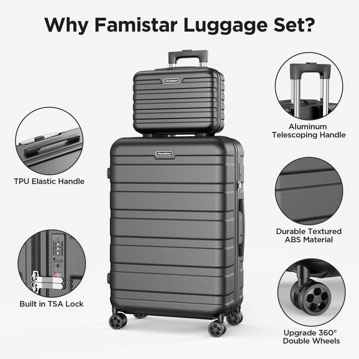 MAJUNES 4Pcs Luggage Sets, Clearance Hardside Suitcase Set with Spinner Wheels & TSA Lock, Lightweight Carry On Luggage Checked Luggage Travel Case, Packing Cubes,14"/20''/24'/28', Black