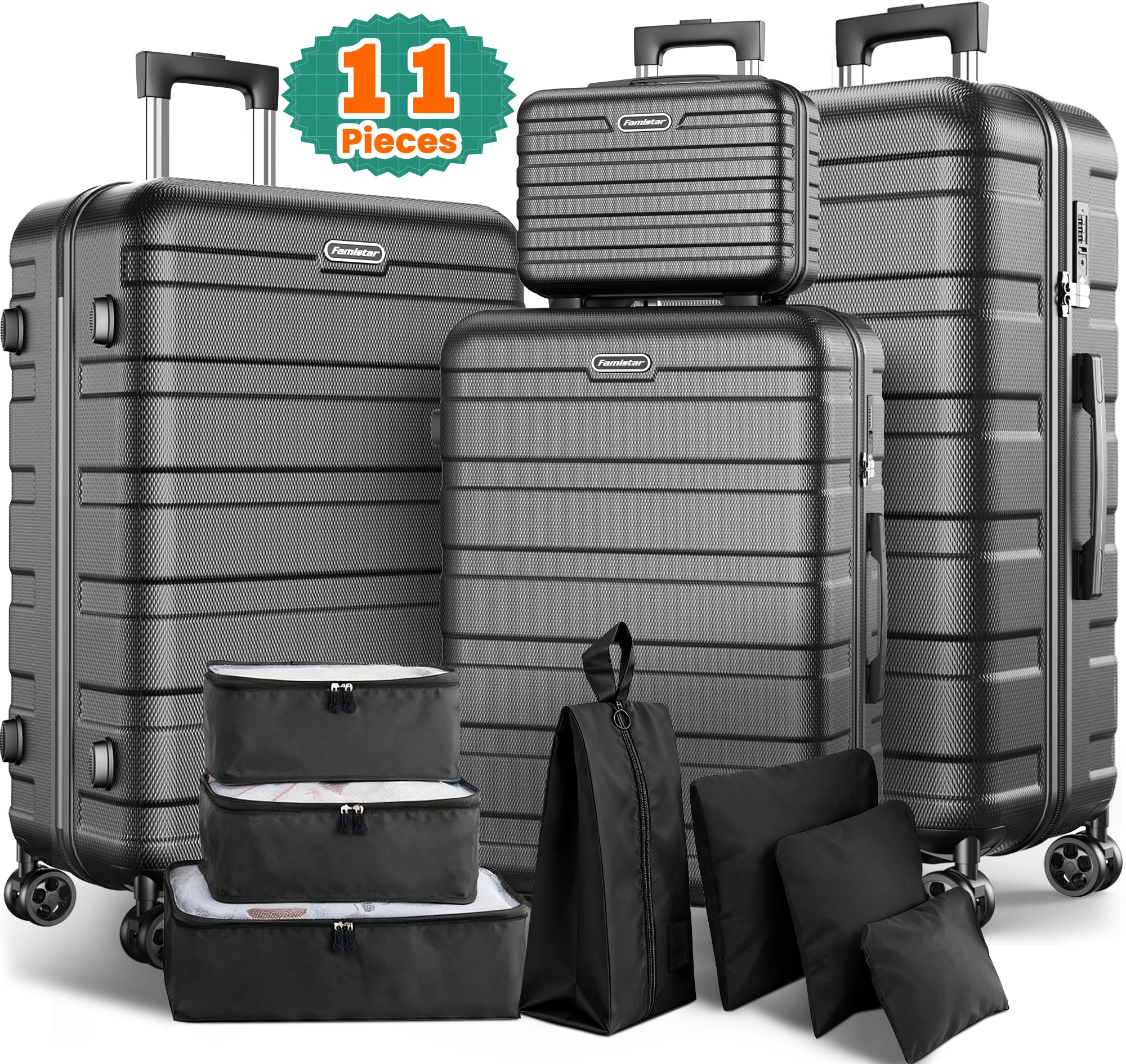 WNANEEZ 11 Pcs Hardside Luggage Set with 8 Spinner Wheels for Easy Maneuvering, Secure Locks, Multiple Sizes, Lightweight