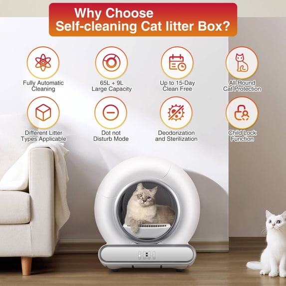 Qvamodo Self-Cleaning Automatic Cat Litter Box, Scheduled Self-Cleaning & Odor Removal with Smart APP Control, 65+9L Large Space for Multiple Cats, 100% Anti-pinch Structure