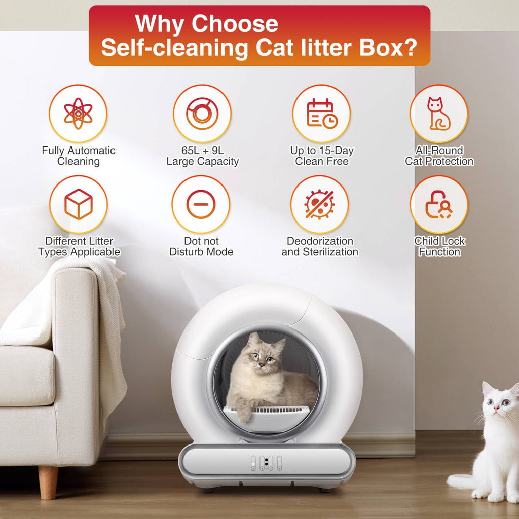 FaayFian Self Cleaning Cat Litter Box with APP Control, 65+9L Large Litter Box, Automatic Cat Litter Box, Safety Protection, Odor Removal, Litter Box with 2 Rolls Liners