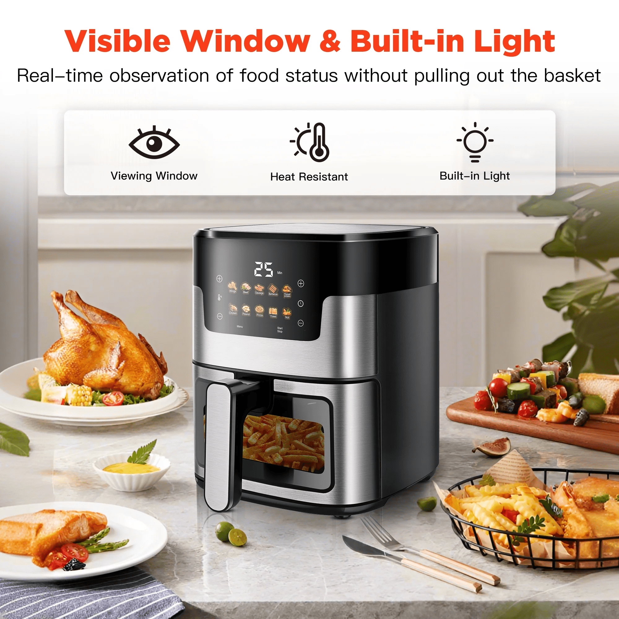 FaayFian 7.5QT XL Air Fryer with View Window, 10 Presets, 95% Less Oil, Dishwasher Safe Basket with 100 Free Liners – Perfect for Family Meals (Black)