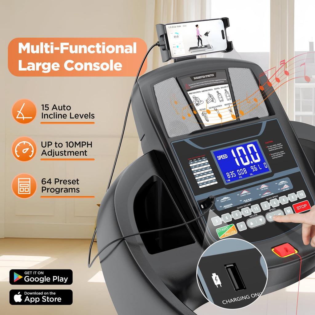 FaayFian FaayFian 5.0HP Folding Treadmill for Home with 15% Auto Incline, 10MPH Speed, 300 LB Capacity, Bluetooth Speakers, App Control, 71 Programs, Portable Running Machine w/ Knee Protection Gift