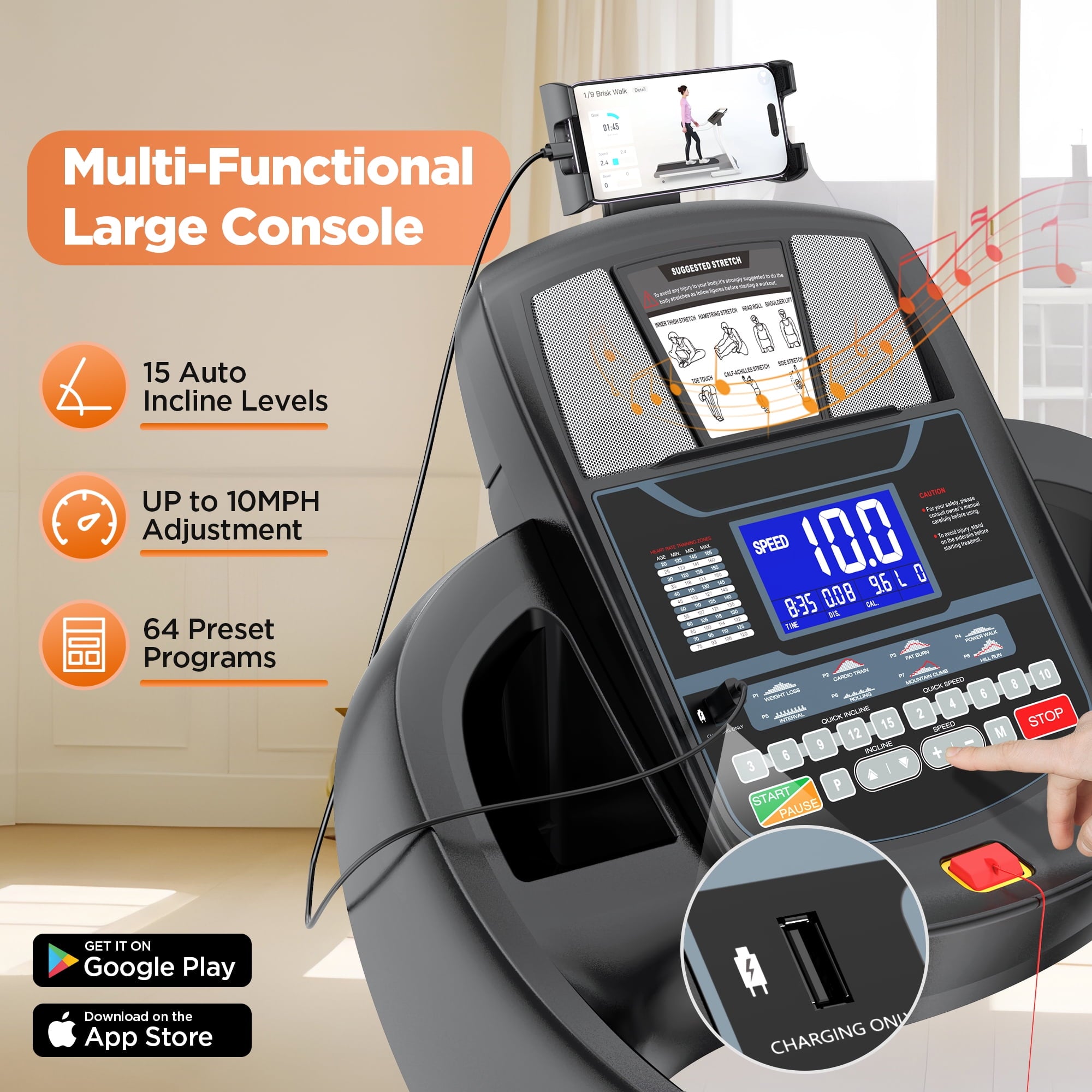 FaayFian 5.0HP Folding Treadmill for Home with 15% Auto Incline, 10MPH Speed, 300 LB Capacity, Bluetooth Speakers, App Control, 71 Programs, Portable Running Machine w/ Knee Protection Gift