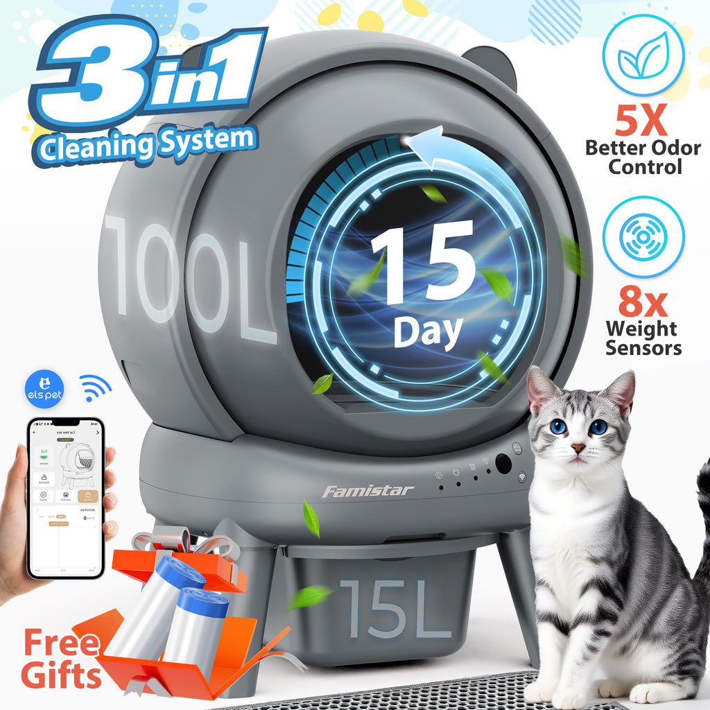Self Cleaning Litter Box, 100 L+15L Automatic Cat Litter Box Self Cleaning for Multiple Cats, with Safety Protection, App Control,2 Roll Garbage Bags