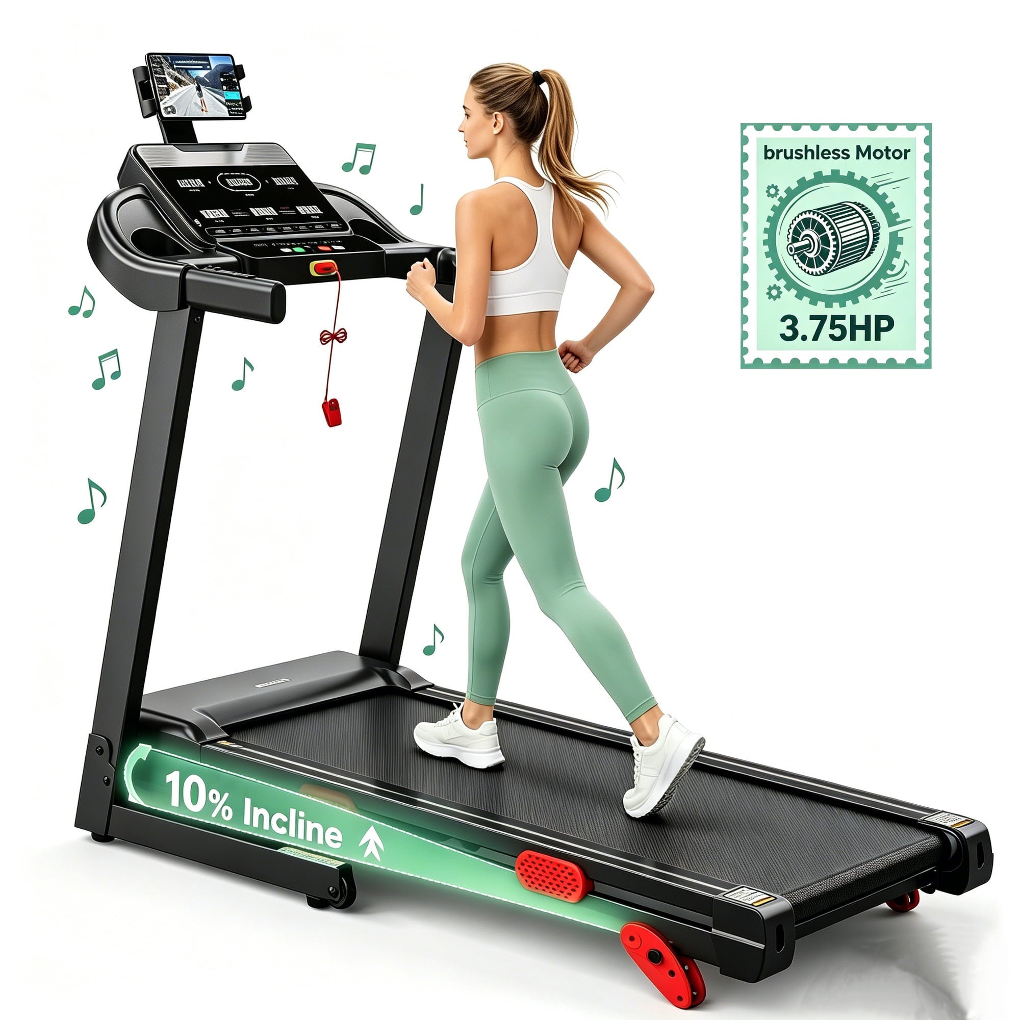 FaayFian 10% Incline Folding ExerciseTreadmill for Home, 3.75HP Quiet Motor, 300-330 lbs Capacity, 5-Layer Shock Absorption, LED Display
