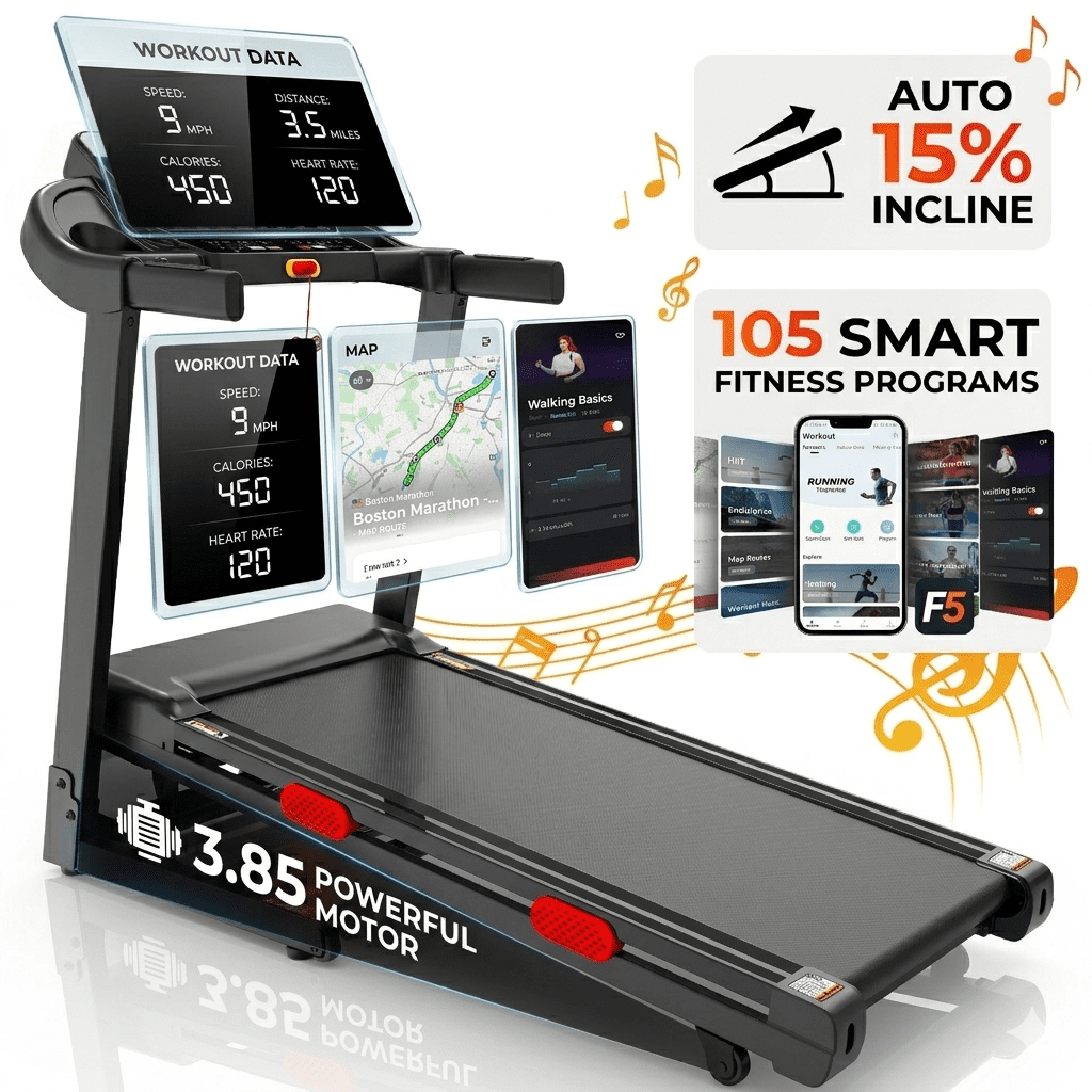 AQUGOKS 105 Programs Treadmill with 15% Auto Incline, 340LB Capacity Treadmill for Home, 9MPH Speed, APP Connected Portable Exercise Equipment Treadmill with 6 Cushioned Running Belt, Knee Brace Gift