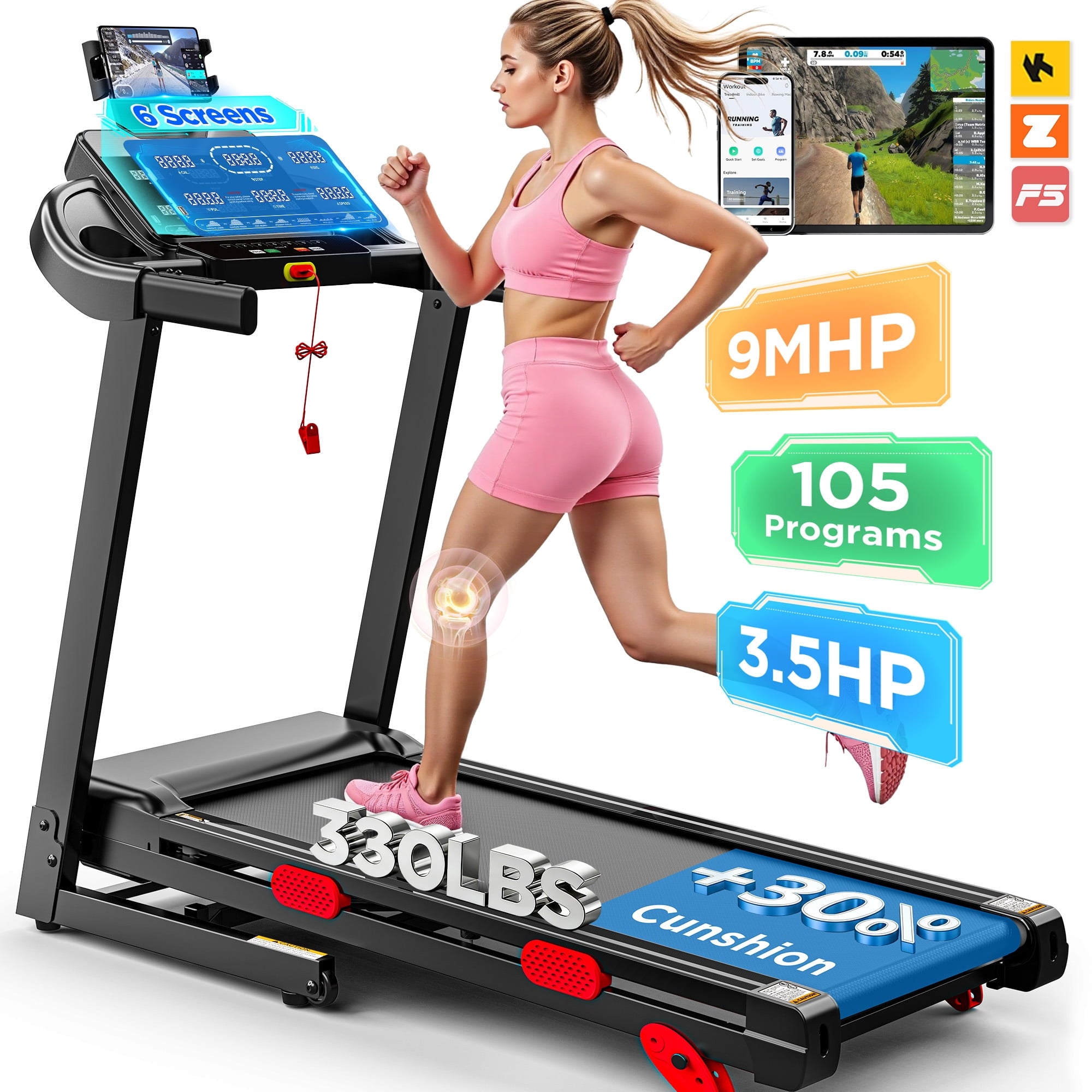 Campmoy Store 105 Programs Treadmill with 330lbs Capacity,3.75HP Folding Treadmill 10% Incline for Home,9MPH Max Speed, Smart APP control, Quiet Brushless Motor, HiFi Stereo Speakers, Knee Strps Gift