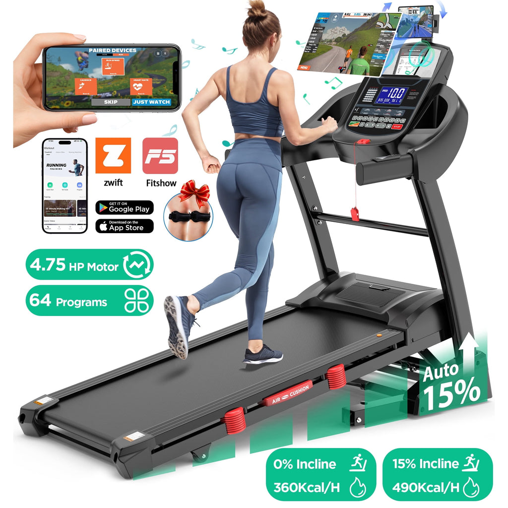 ODYAAZ 10MPH Folding Treadmill w/ 15% Auto Incline, 300lb Capacity, Treadmill for Home Portable Foldable Exercise Equipment Running Walking Machine, APP Control, 64 Programs, HiFi Bluetooth Speakers