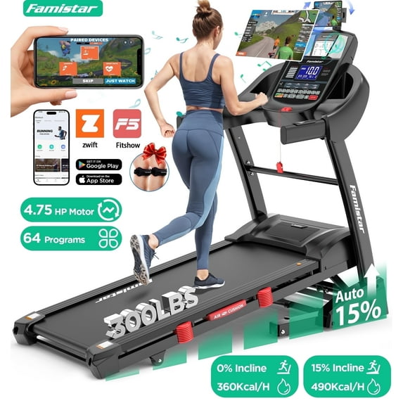 ODYAAZ 10MPH Folding Treadmill w/ 15% Auto Incline, 300lb Capacity, Treadmill for Home Portable Foldable Exercise Equipment Running Walking Machine, APP Control, 64 Programs, HiFi Bluetooth Speakers