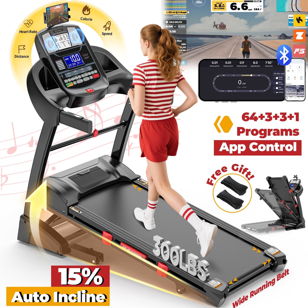 FaayFian 10MPH Treadmill 300lbs Capacity,Treadmill for Home with Auto Incline, 4.5HP Folding Treadmill, Wide Shock Absorption Belt, 64+3+3+1 Programs
