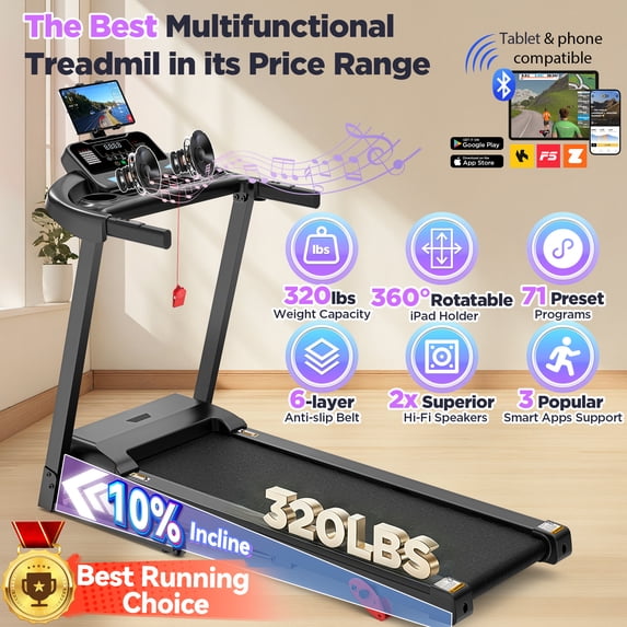 Famistar Treadmill for Home, Portable Folding Electric Exercise Treadmill with Adjustable Incline, APP Control, 64 Programs, 320 lb Capacity, 7.5MPH, Bluetooth Speakers, Running Walking Jogging, 03/28 Update