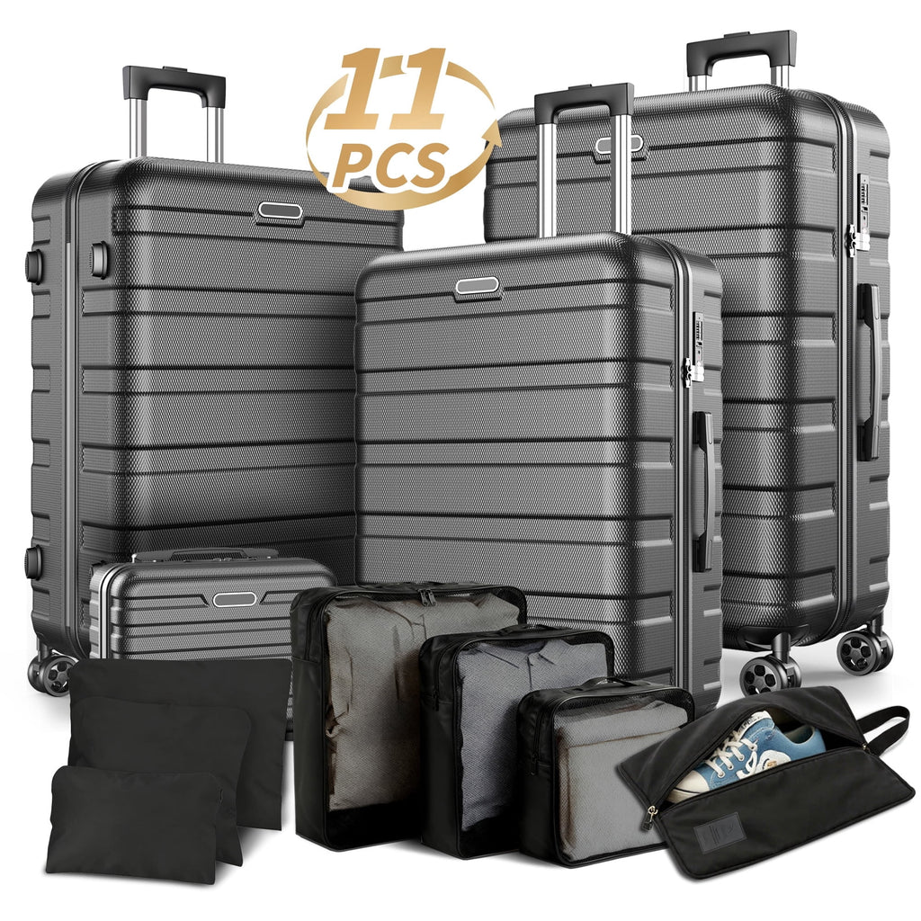Qvamodo 11 Pcs Hardshell Luggage Set Hardside Lightweight Suitcase with TSA-style Lock Spinner Wheels 14” Travel Case, 20" Carry-On Luggage, 24" Checked Luggage and 28" Checked Luggage, Black