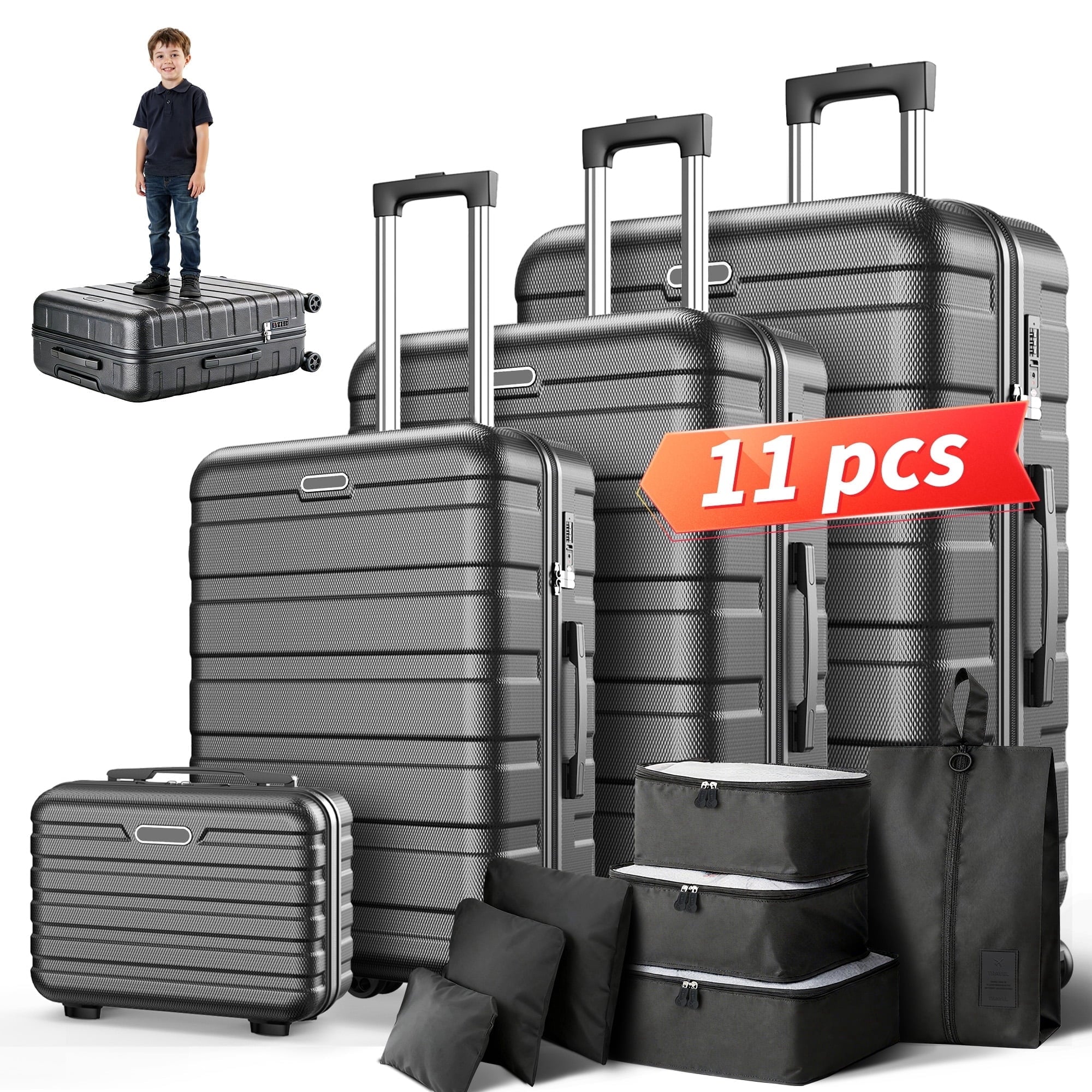 WNANEEZ 11-Piece Hardside Travel Set with Carry On, Hard Shell Suitcase Set with Spinner Wheels for Easy Maneuvering, Secure Locks, Multiple Sizes, Lightweight