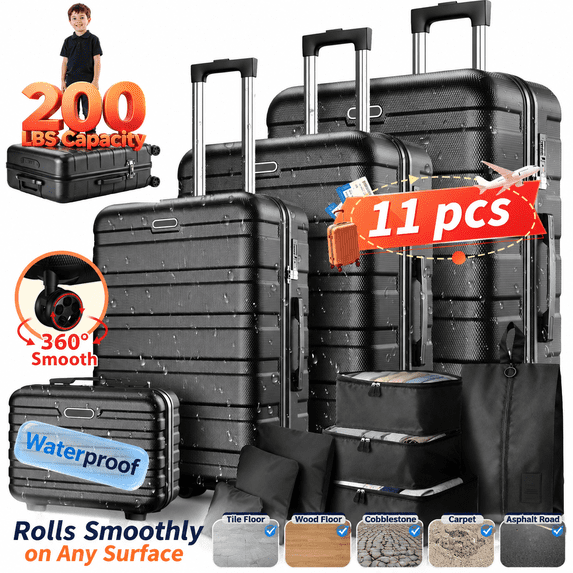WNANEEZ 11-Piece Hardside Travel Luggage Set with Carry On, Hard Shell Suitcase Set with Spinner Wheels and Duffle Bag for Easy Maneuvering, Secure Locks, Multiple Sizes, Lightweight
