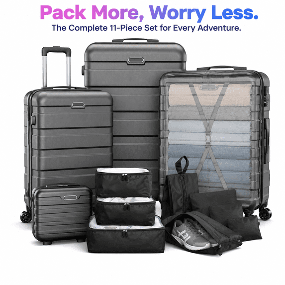 WNANEEZ 11-Piece Hardshell Luggage Set – 4 ABS Suitcases (14” 20” 24” 28”) + 7 Packing Cubes, Lightweight Travel Luggage Set with Spinner Wheels & Password Lock for Family Trips, Vacation & Business