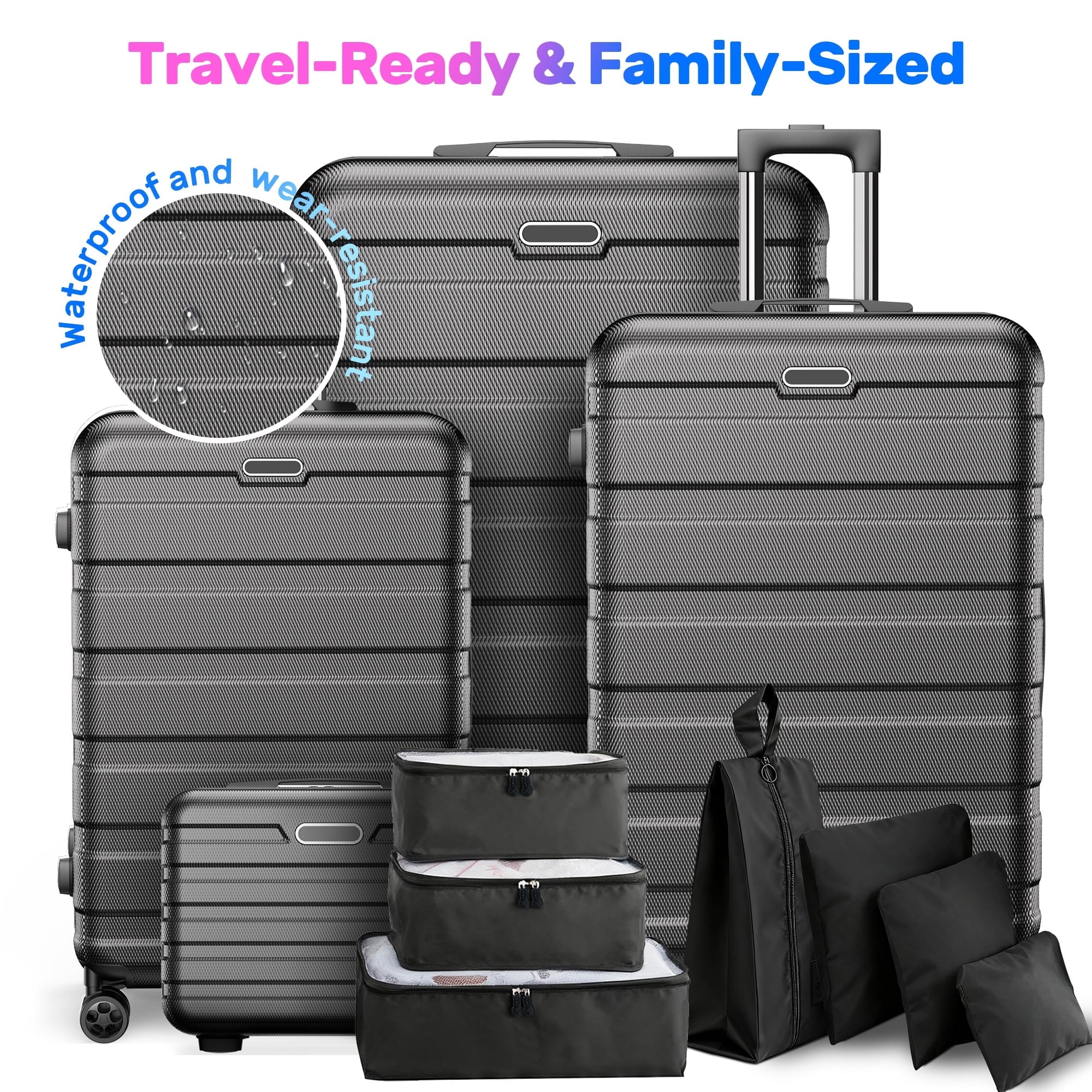 WNANEEZ 11-Piece Hardshell Spinner Luggage Set – 4 ABS Suitcases (14” 20” 24” 28”) + 7 Packing Cubes, Lightweight Travel Set with Spinner Wheels and Password Lock for Family Trips, Vacation & Business