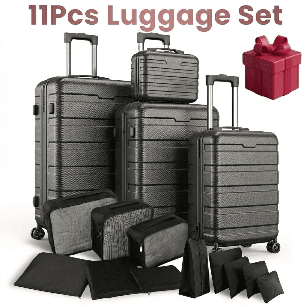 AQUGOKS 11-Piece Hardside Luggage Set with Packing Cubes, Lock & Dual 360° Spinner Wheels Suitcases, Lightweight checked Carry on Lugagge Set 20, 24 and 28 Inch Sizes, Black