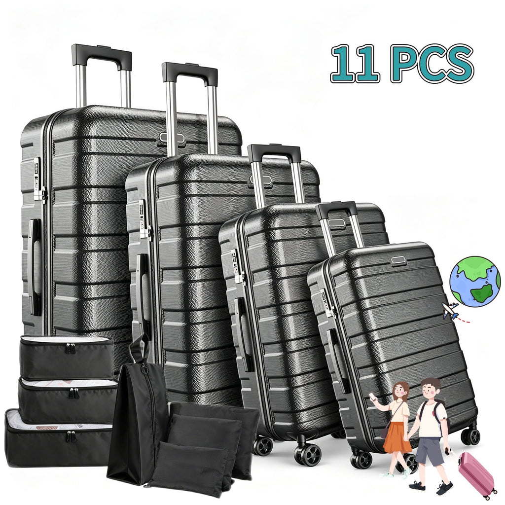 AQUGOKS 11‑Piece Hardside Luggage Set with Packing Organizers, Durable ABS Hard Shell, 360° Spinner Wheels, Built‑In Combination Locks, Telescoping Handles, Space‑Saving Nestable Storage for Family Travel
