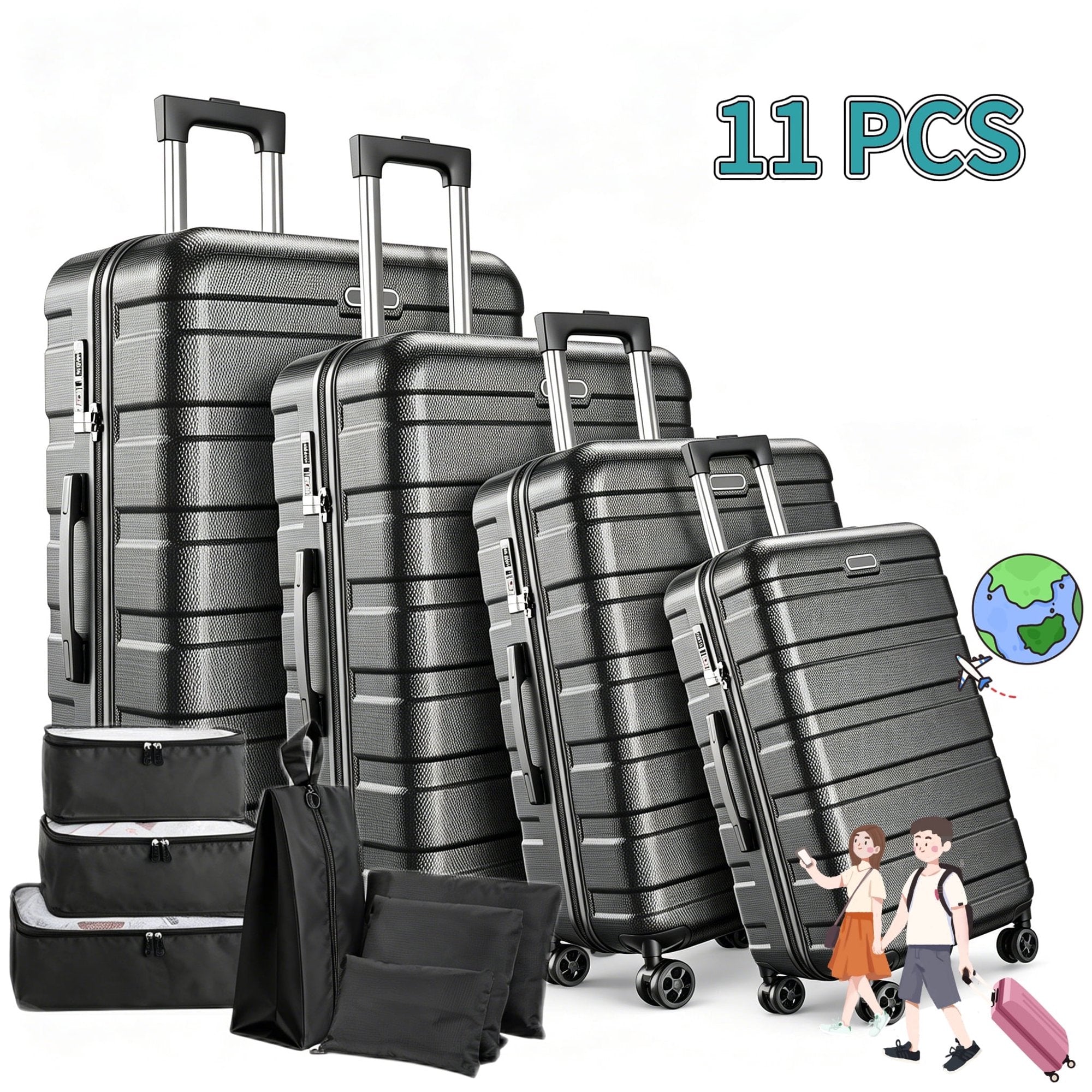 AQUGOKS 11‑Piece Hardside Luggage Set with Packing Organizers, Durable ABS Hard Shell, 360° Spinner Wheels, Built‑In Combination Locks, Telescoping Handles, Space‑Saving Nestable Storage for Family Travel