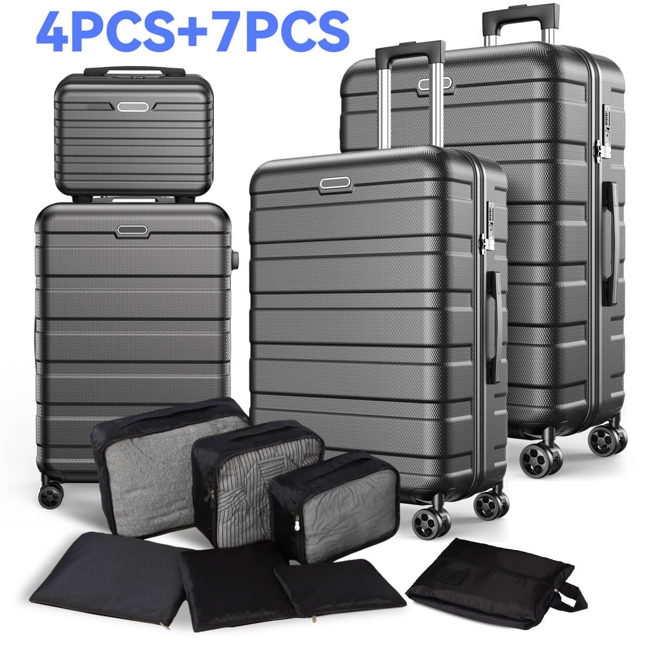 AQUGOKS 11-Piece Hardside Luggage Set with Packing Cubes– 20" Carry-On & 28" Checked Suitcase, Luggage Suitcase Set Lock & Spinner Wheels(Black)