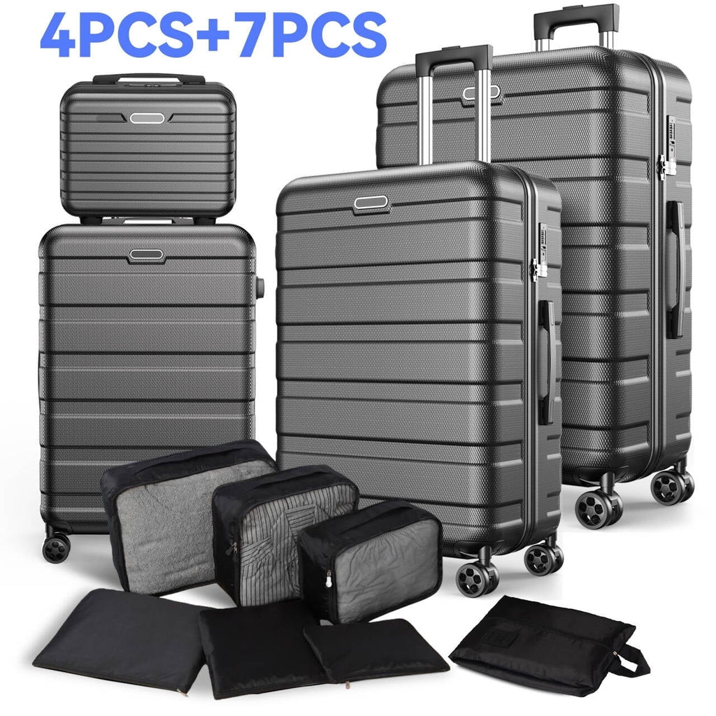 AQUGOKS 11-Piece Hardside Luggage Set with Packing Cubes– 20" Carry-On & 28" Checked Suitcase, Luggage Suitcase Set Lock & Spinner Wheels(Black)