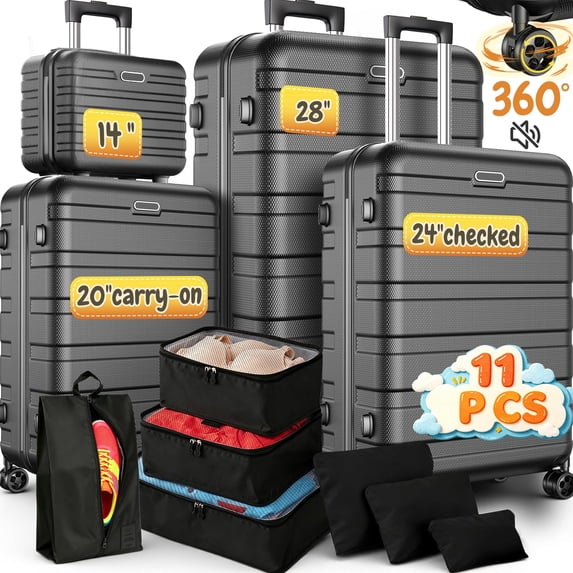 AQUGOKS 11 Pcs Luggage Sets, Travel Carry on Luggage Set, 14"+20"+24"+28" Abs Lightweight Hardshell Suitcase Luggage Sets with Wheels, 360° Double Wheels with Lock, Black