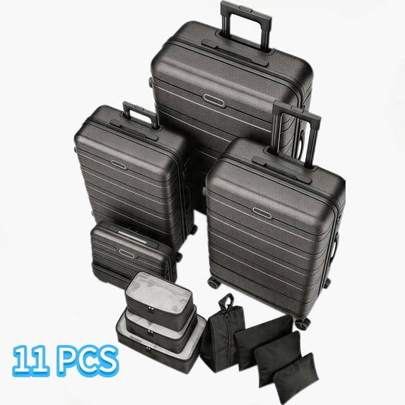 AQUGOKS 11 Piece Luggage Set, 14"/20"/24"/28" ABS Lightweight Hardshell Suitcase Luggage Sets 360°Double Wheels with Lock, Black