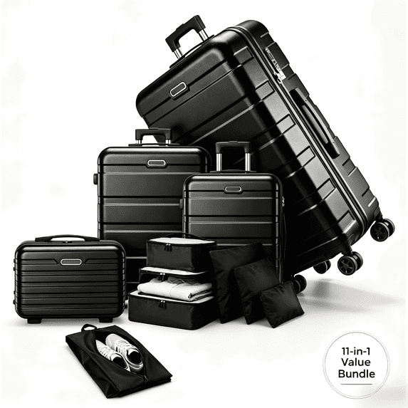 AQUGOKS 11-Piece Luggage Set with 4 Hardside Spinner Suitcases (14"/20"/24"/28") and 7 Packing Cubes, Lightweight Travel Set with 360° Spinner Wheels, TSA Lock, for Family Vacation & Business, Black
