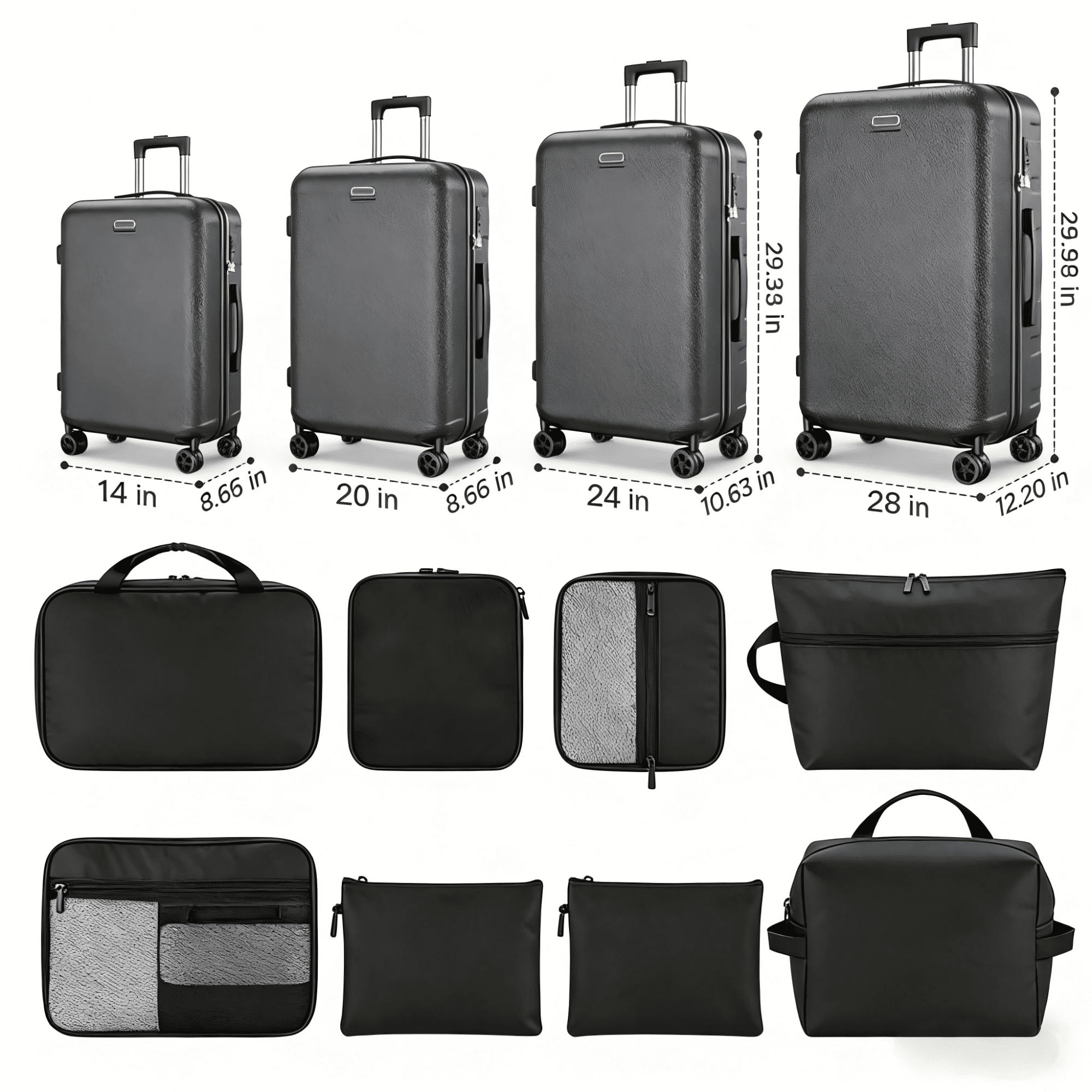 AQUGOKS 11 Piece Luggage Sets,14/20/24/28 inch Hardside Lightweight ABS Suitcase With Packing Cubes, Wet & Dry Separation (Black)