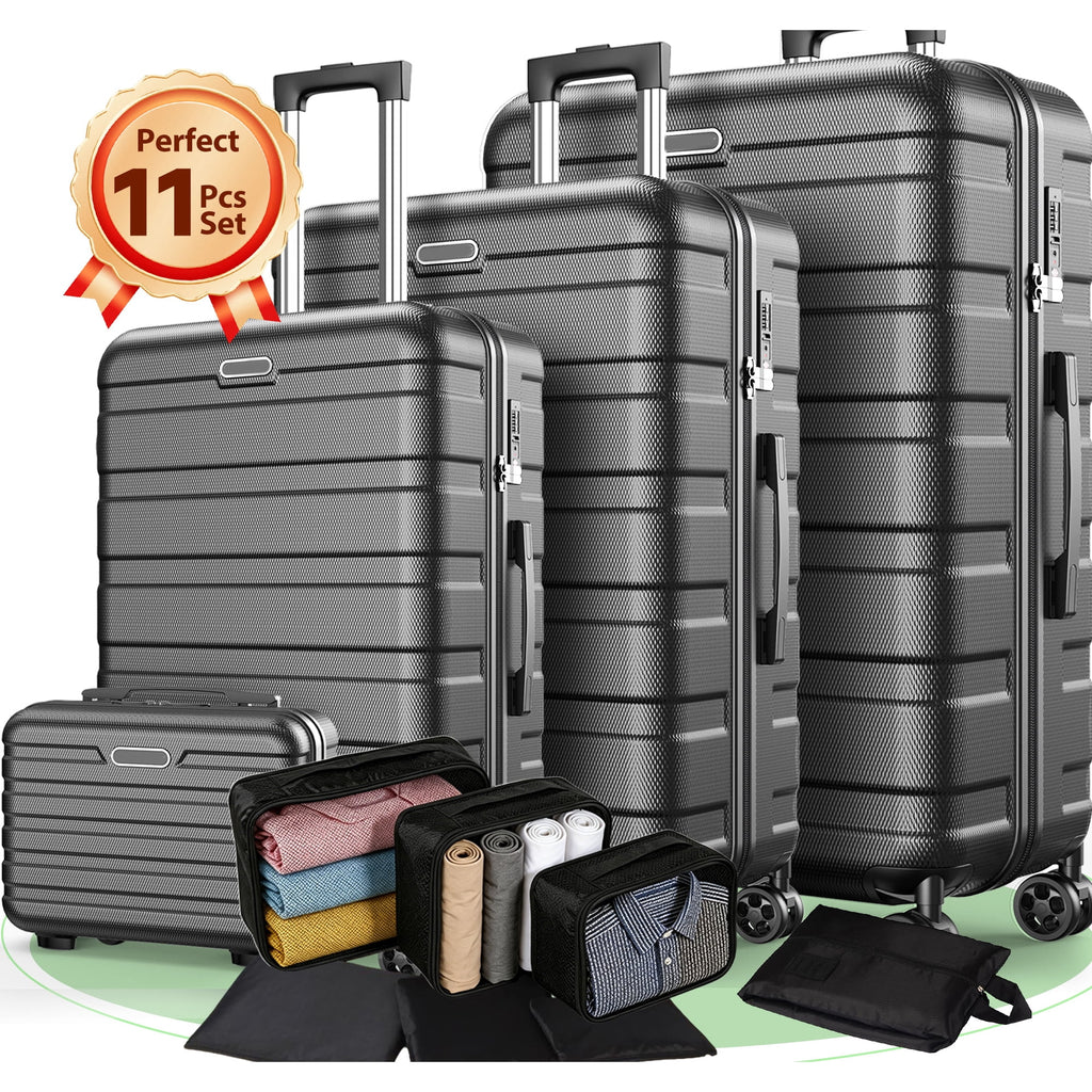 AQUGOKS 11 Piece Luggage Sets & Packing Cubes, Hardshell Suitcases Travel Luggage with Wheels, Carry On Luggage & Checked Luggage, ABS Suitcase Set, Black