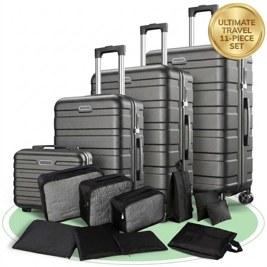 AQUGOKS 11 Piece Luggage Sets & Packing Cubes, Hardshell Suitcases Travel Luggage with Wheels, Carry On Luggage & Checked Luggage, ABS Suitcase Set, Black