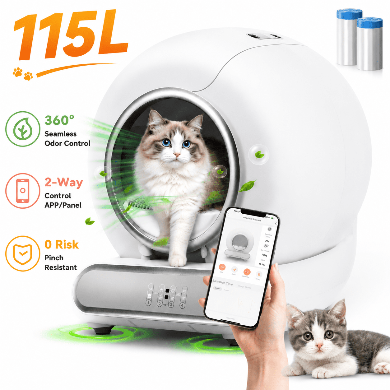 ZEJIXO 115L Cat Litter Box Self Cleaning Automatic Litter Box for Multiple Cats, APP + Panel Control,Odor Removal Technology, 100% Safe Anti-Pinch Structure, Self Cleaning Litter Box w/ 2 Roll Liners