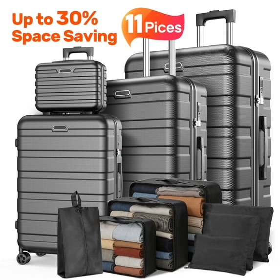WNANEEZ 11PCS Hardside Luggage Set, Lightweight ABS Suitcases with Password Lock & 360° Spinner Wheels, Includes 14" Travel Case, 20" Carry-On, 24" Checked, 28" Large Luggage + 7 Packing Cubes, Black