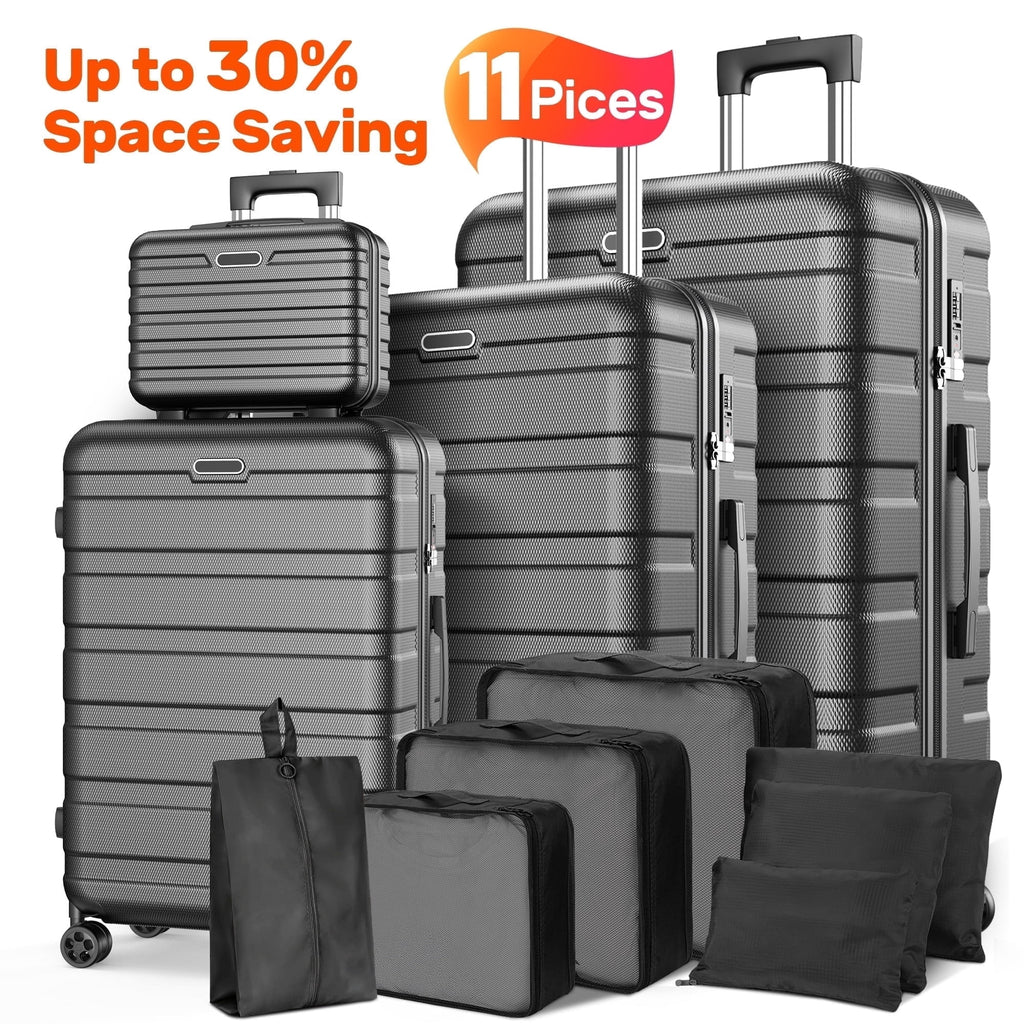 WNANEEZ 11PCS Hardside Luggage Set, Lightweight ABS Suitcases with Password Lock & 360° Spinner Wheels, Includes 14" Travel Case, 20" Carry-On, 24" Checked, 28" Large Luggage + 7 Packing Cubes, Black