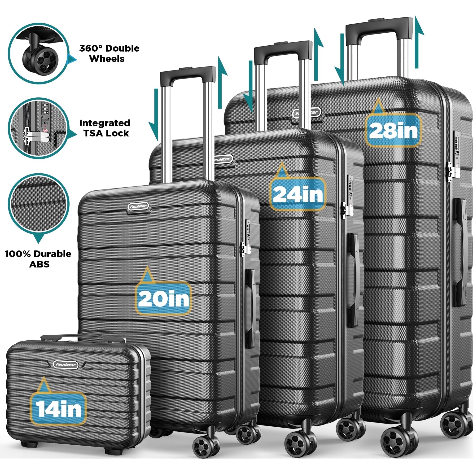 Qvamodo 11 Pcs Hardshell Luggage Set Hardside Lightweight Suitcase with TSA-style Lock Spinner Wheels 14” Travel Case, 20" Carry-On Luggage, 24" Checked Luggage and 28" Checked Luggage, Black