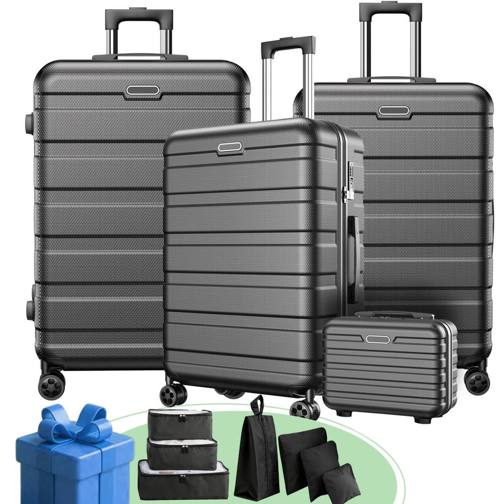 AQUGOKS 11Pcs Lightweight Luggage Set Suitcase, 20" Carry-On Luggage&28" Checked Luggage&Hand Case&Packing Cubes, Hardside Spinner Wheels,Black