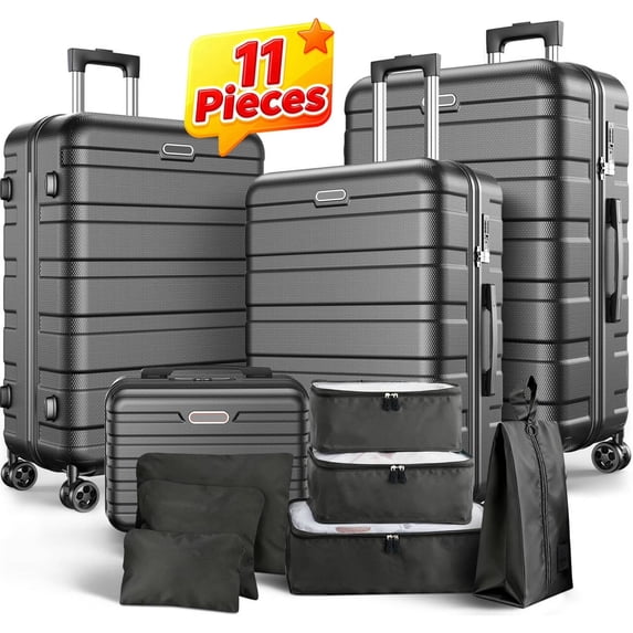 Qvamodo 11Pcs Luggage Set, Hardshell Suitcases with Spinner Wheels & Lock, 20" Carry On Luggage + 24"/28" Checked Luggage, Lightweight Travel Luggage, Black