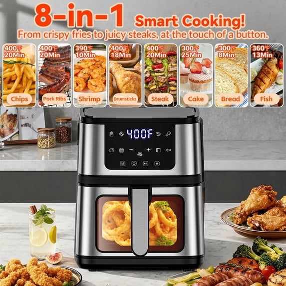ODYAAZ Air Fryer 7.5QT, 10 Preset Programs Air Fryer Oven, 10-in-1 Digital LED Touch Screen, 95% Less Oil, Dishwasher-Safe, 1400W Fast Heating, Visible Window, Air Fryer with 100Pcs Liner
