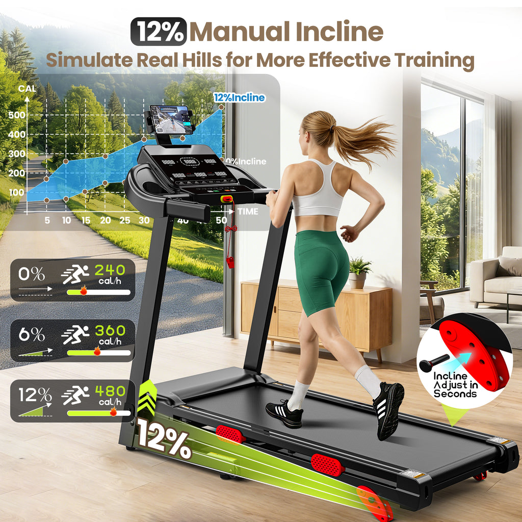 Campmoy 3.65HP 9MPH Treadmill for Home, 330LBS Capacity, Folding Treadmill w/ Incline & 105 Programs, Virtual Run with APP Control, Air damping System, Portable Exercise Equipment for Jogging Walking