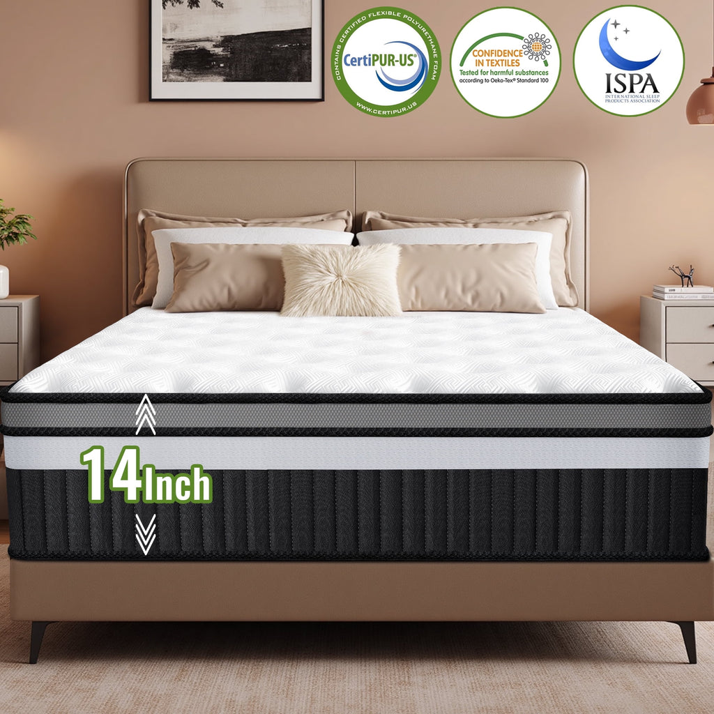 Qvamodo 14" Cooling Relief Gel Memory Foam King Mattress, Mattress in a Box, Medium Firm, Cooling Breathable Design, Motion Isolation, CertiPUR-US Certified