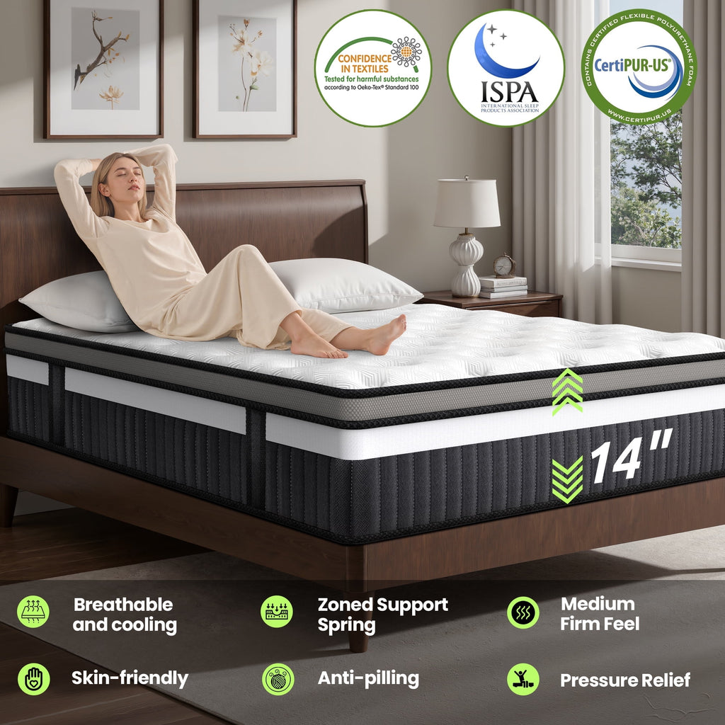FaayFian 14 in Gel Memory Foam Mattress, King Mattress in a Box, Medium Firm Feel, Individually Wrapped Coils, CertiPUR-US Certified, Pressure Relieving