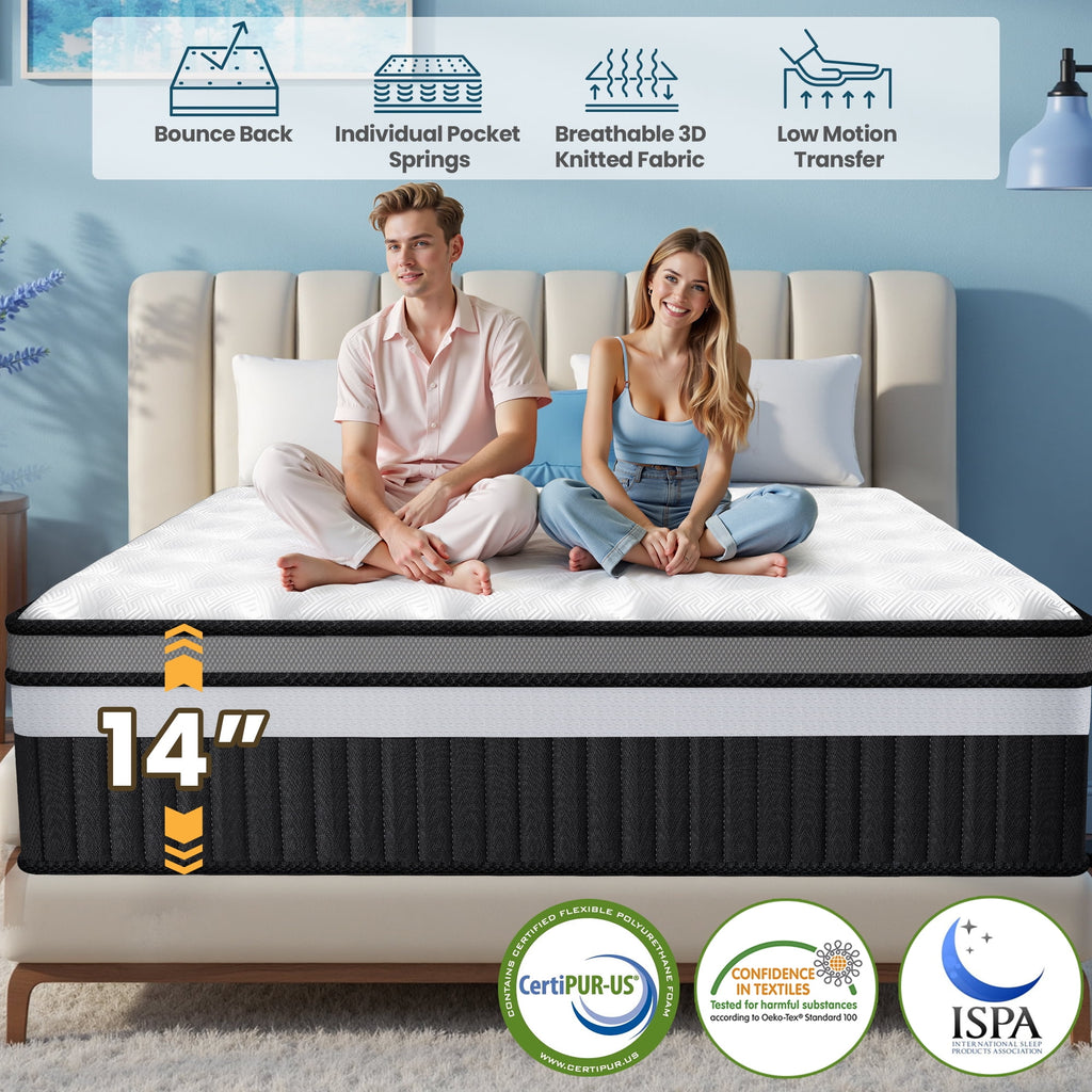 FaayFian 14" Gel Memory Foam Hybrid Mattress, King Mattress in a Box, , Breathable Fabric, Motion Isolation, and Pressure Relief, CertiPUR-US Certified, Medium Firm